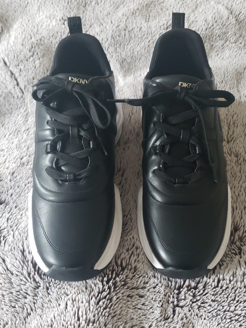 DKNY Black Leather Sneakers with White Platform Soles